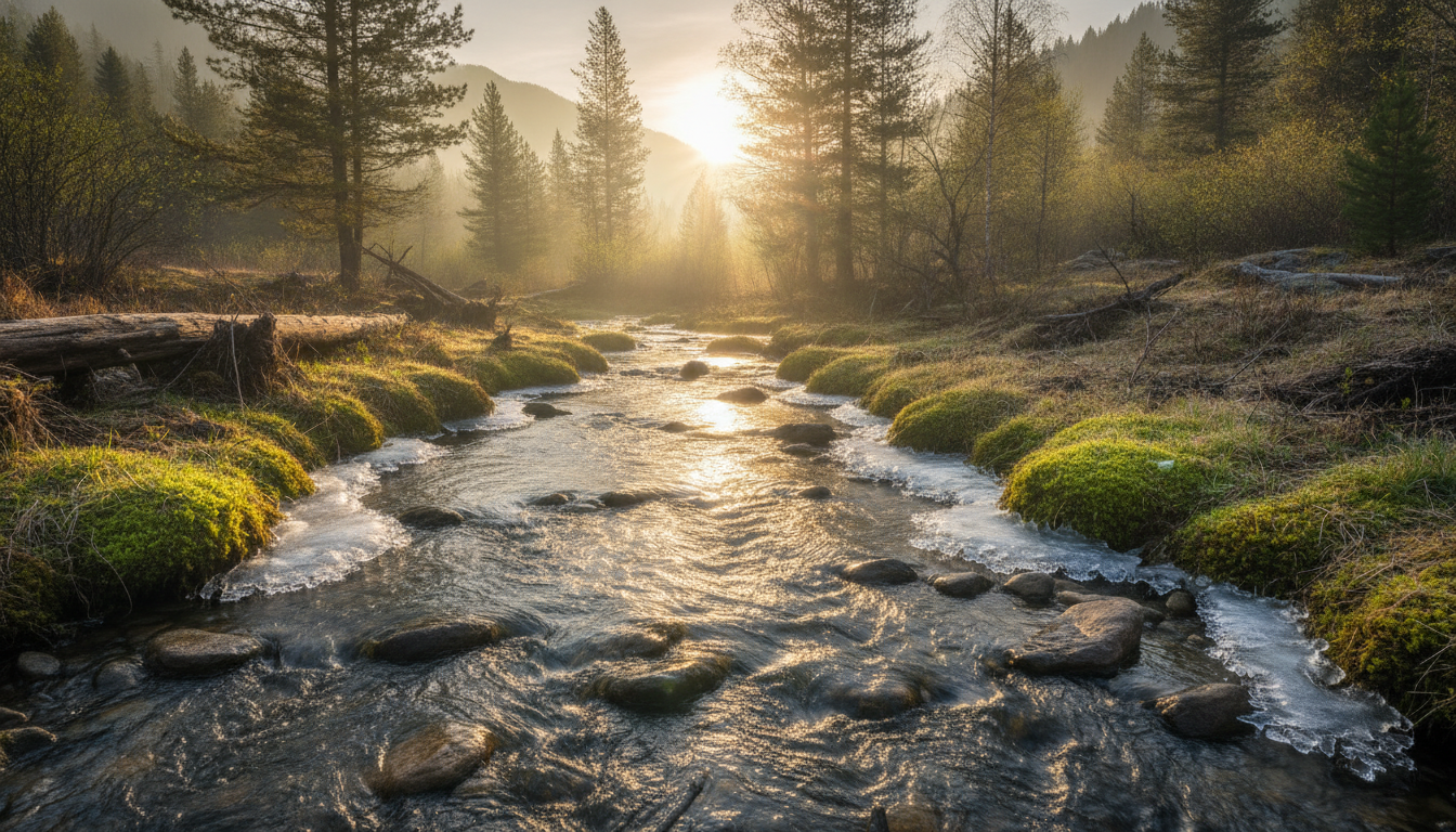 Clear meltwater moving again over stones in a thawing stream at first light