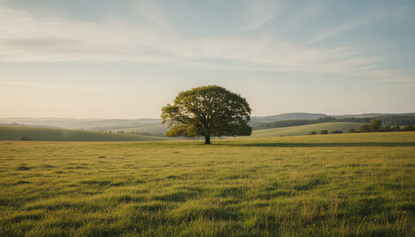 A single broad tree standing alone in an open field in warm light